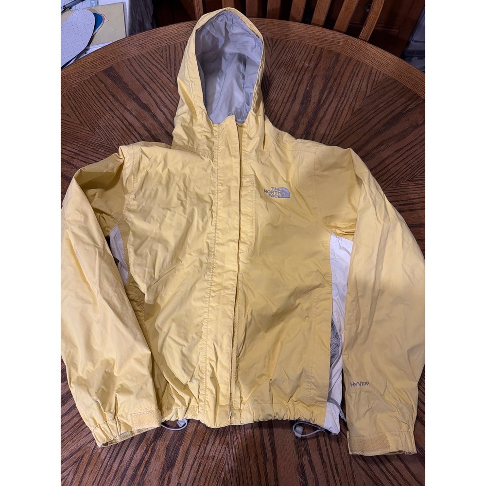 The North Face HyVent Rain Jacket Womens XS Yellow White Hooded Waterproof Shell
